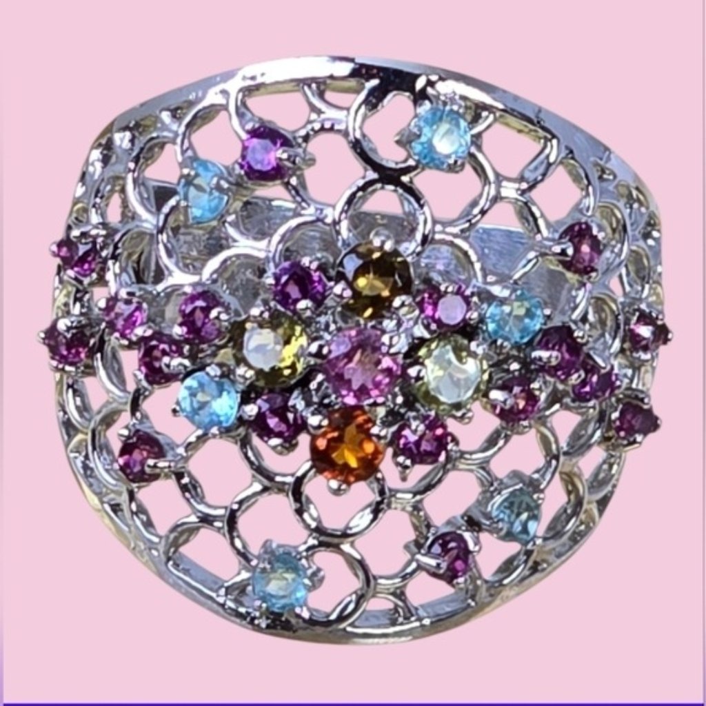 Natural Tourmaline, Apatite, Rhodolite Garnet 925 Sterling Silver Ring Sz 7.5